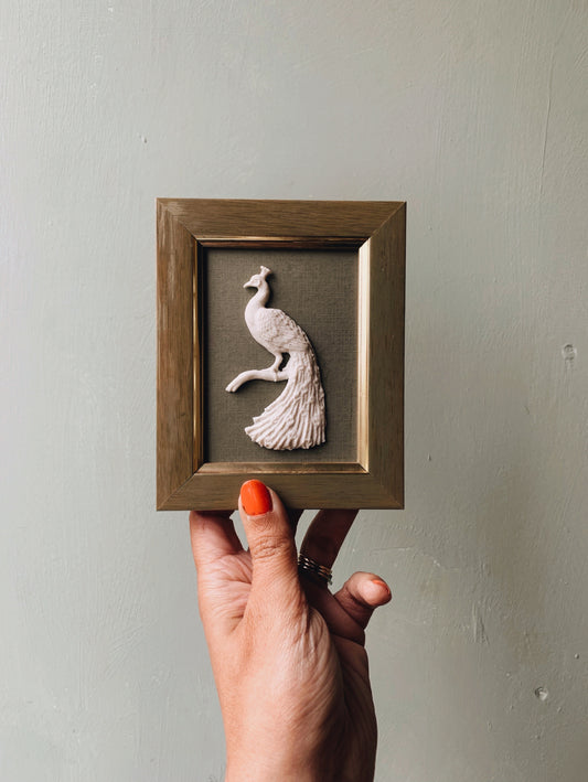 Antique Porcelain Peacock Relief in Frame