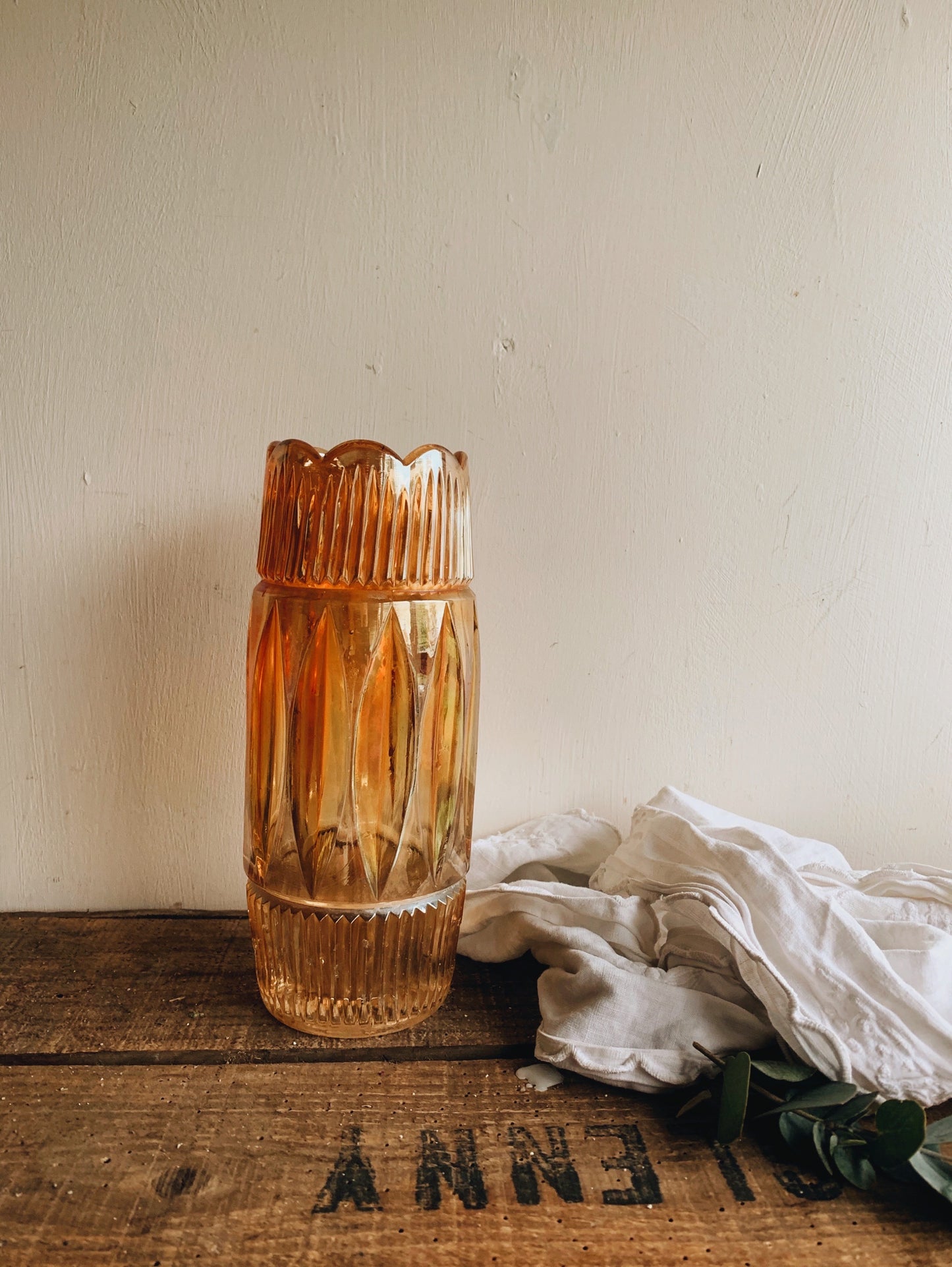 Vintage 1940’s Orange Iridescent Glass Decorative Vase