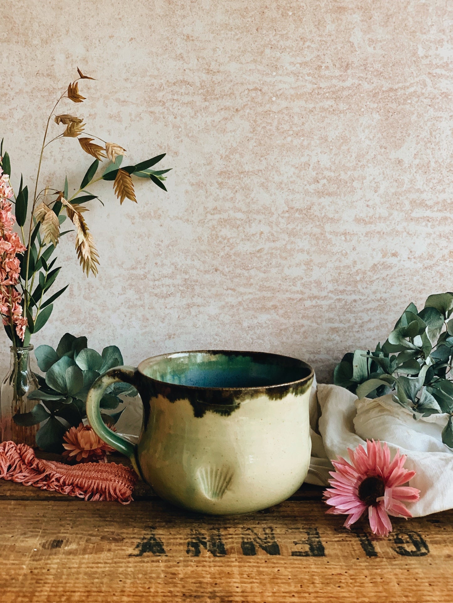 Rustic Hand~thrown Green Blue Drip Glaze