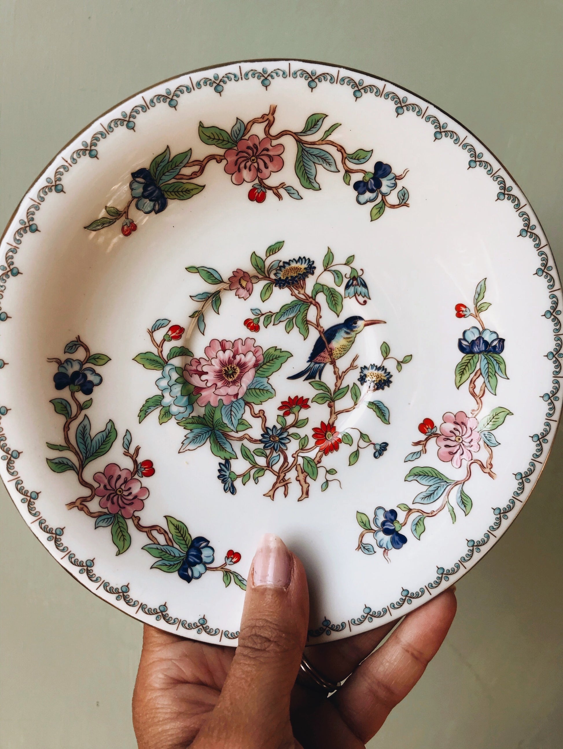 Vintage Fine China AYnsley Floral & Bird Decorative Plate - Stone & Sage 
