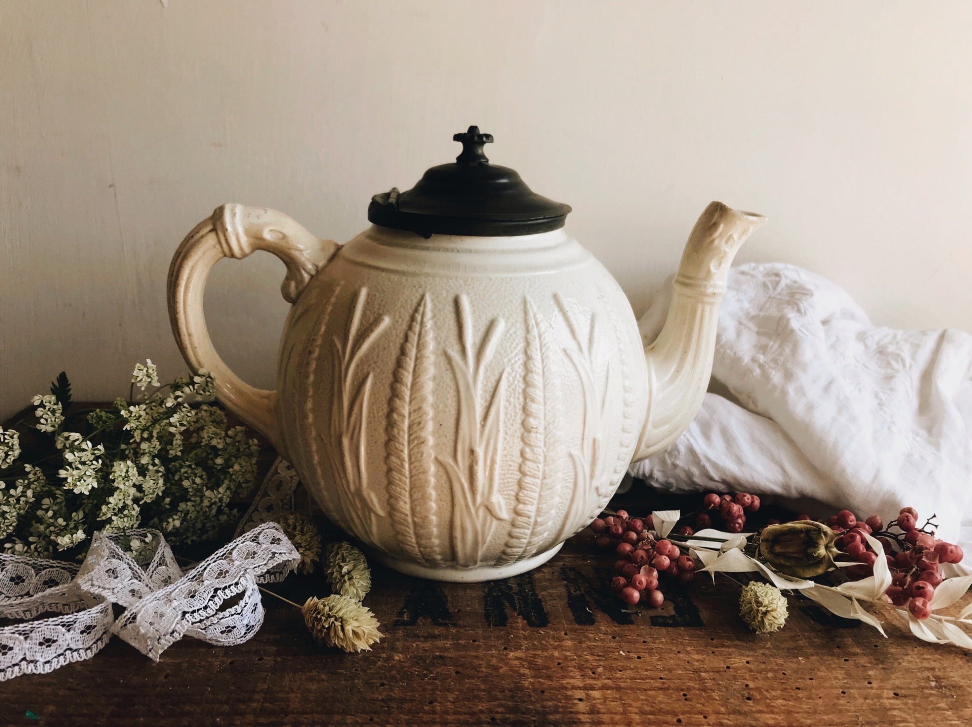 Antique Salt Glaze Pewter Teapot - Stone & Sage 