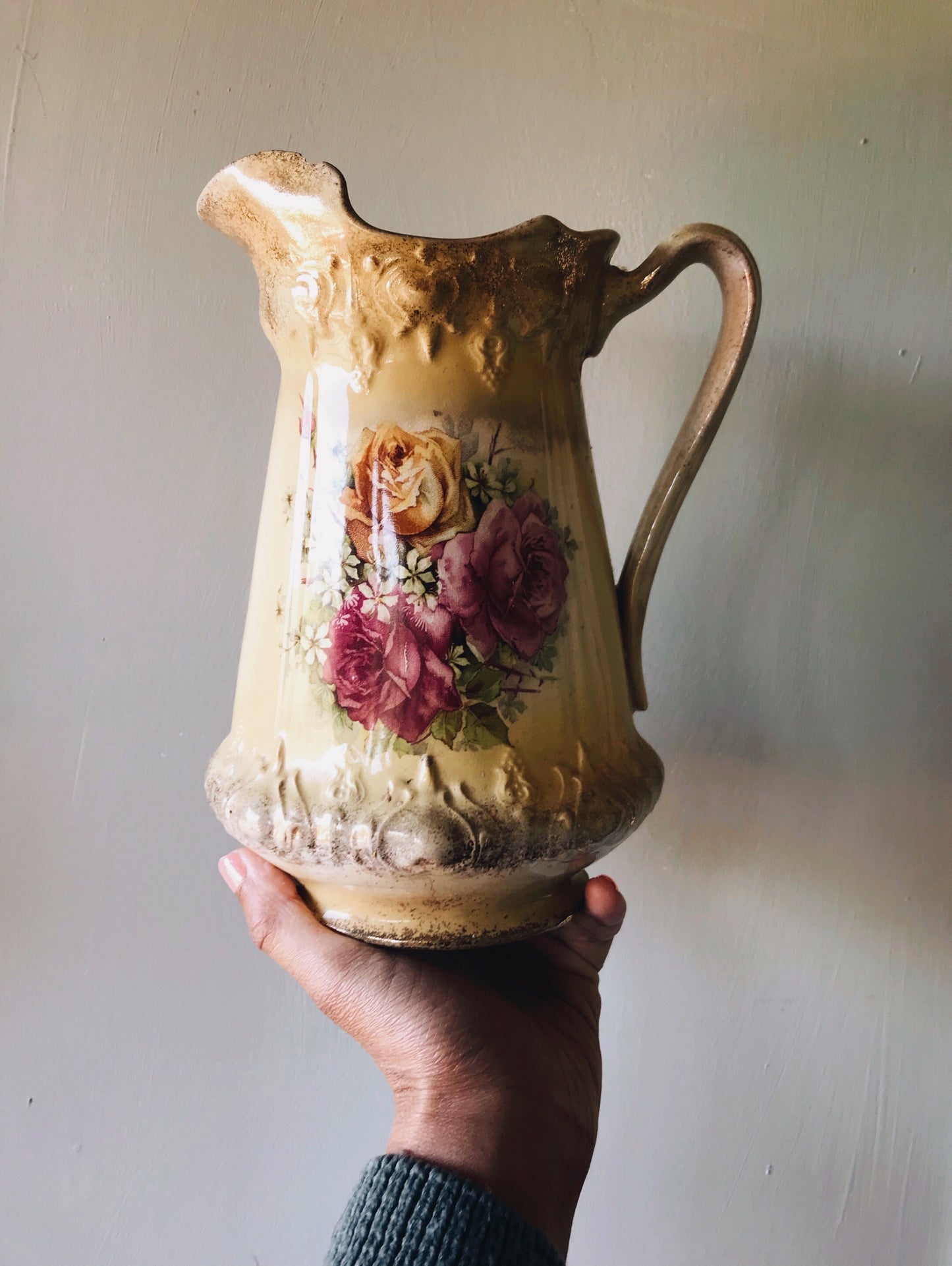 Antique Yellow Rose Rocco Vase
