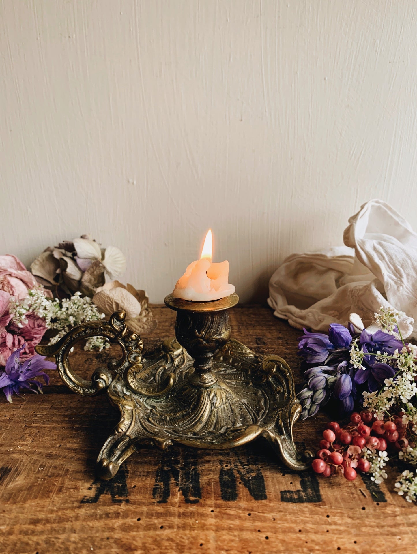 Antique Stamped Decorative Brass Candle Holder