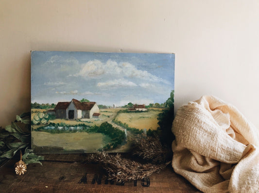 Vintage French Farm House Oil Painting - Stone & Sage 