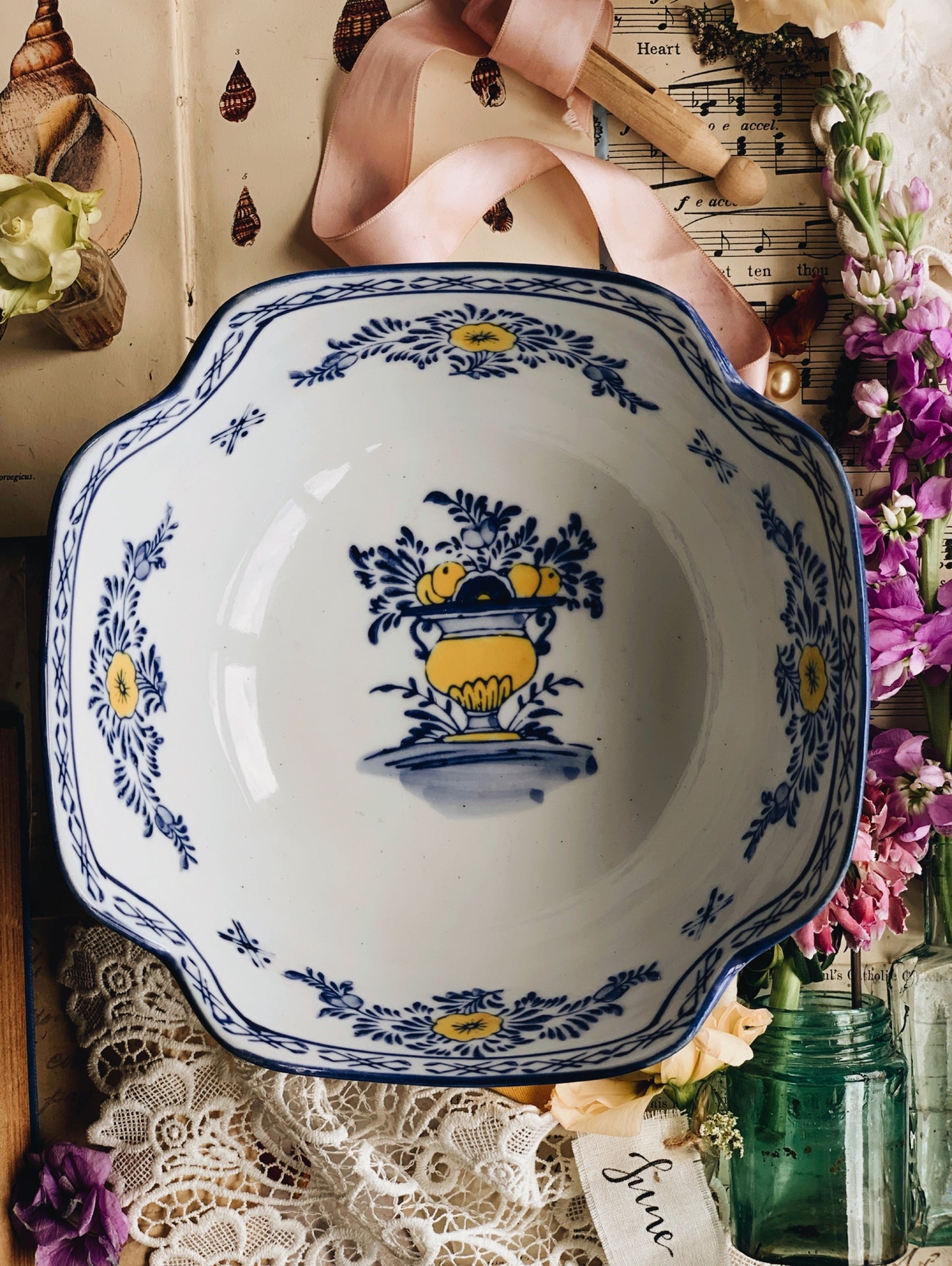Rustic Hand~painted European Blue & Yellow Large Bowl