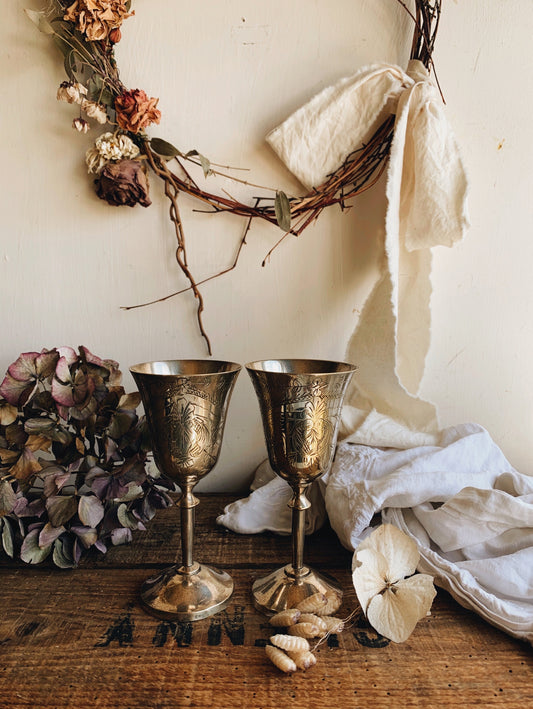 A Pair Vintage Floral Etched Silver Plated Goblets