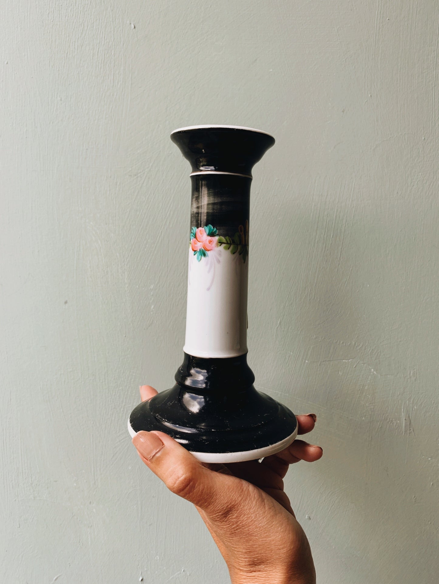 Vintage Hand~painted Black Floral Ceramic Candle Stick