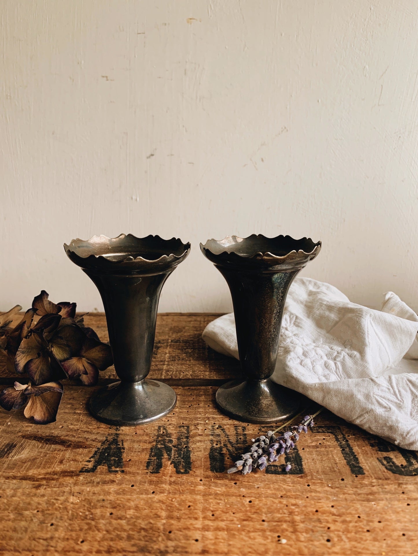 Two Vintage Pewter Posy Vases