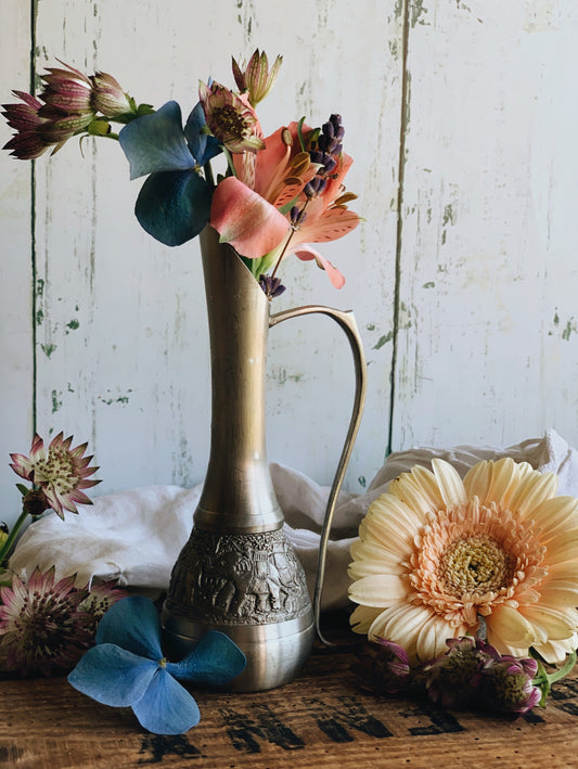 Vintage Pewter Elephant Relief  Bud Vase