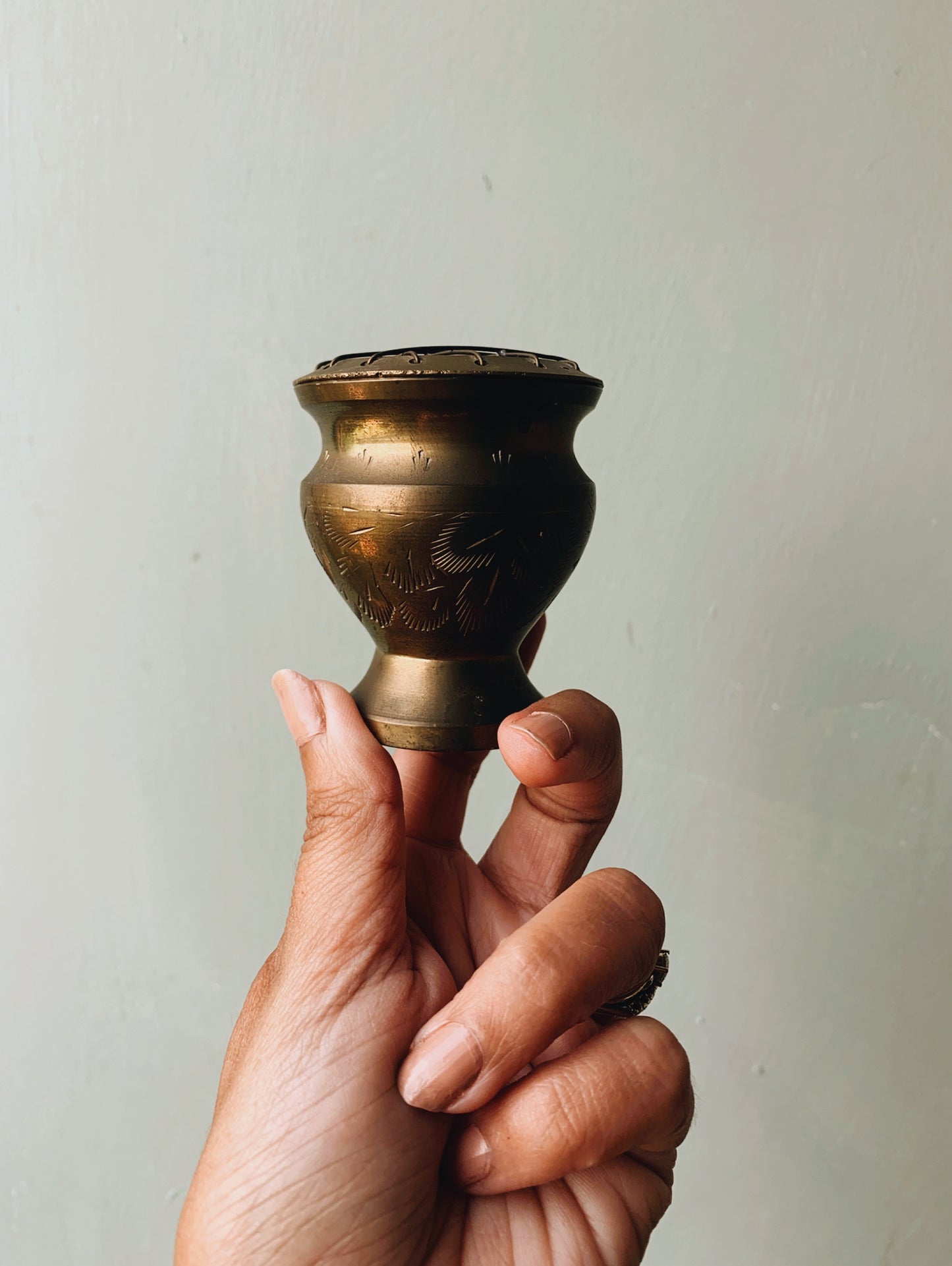Small Vintage Brass Etched Frog Vase