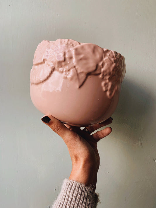 Vintage Pink Ceramic Relief Floral Planter
