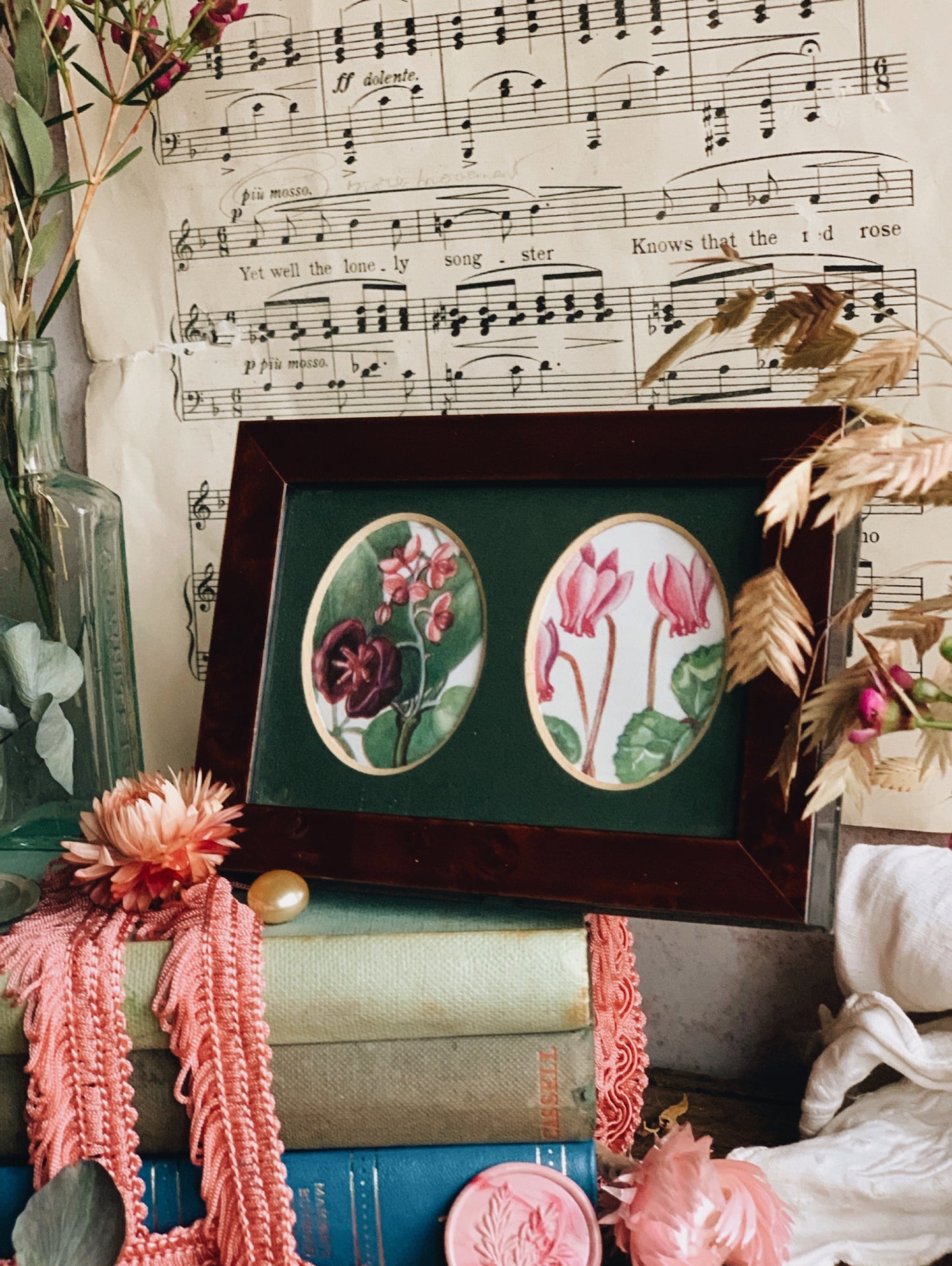 Vintage Wooden Double Framed with Two 1960’s Floral Bookplates