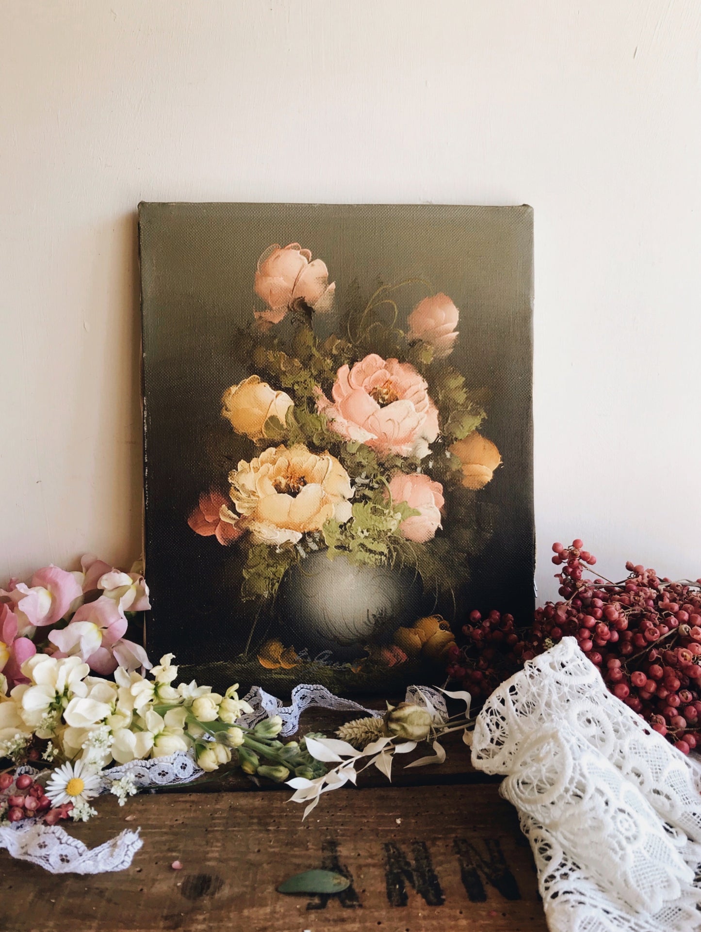 Vintage Signed Peonies Oil ~ painting (canvas)