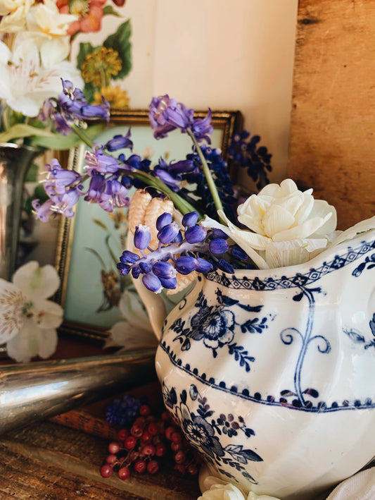 Vintage Floral Scalloped Blue and White Jug