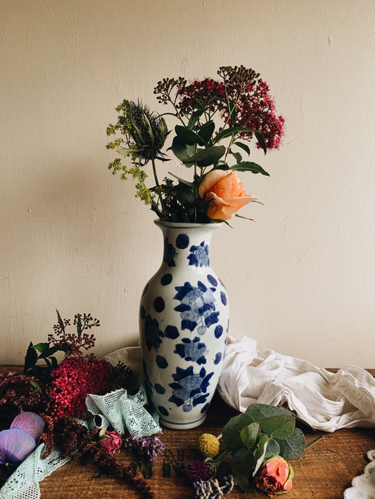 Vintage Blue & White Decorative Floral Vase