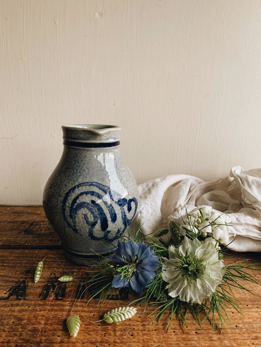 Vintage French Salt Glaze Blue Decorative Jug