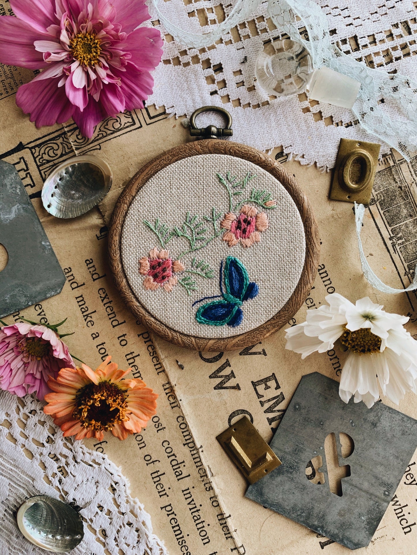 Vintage Butterfly Embroidery Hoop / Hanging