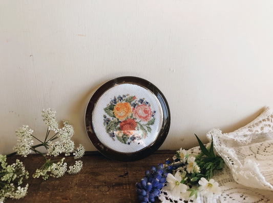 Vintage Floral Embroidery Glass Paperweight - Stone & Sage 
