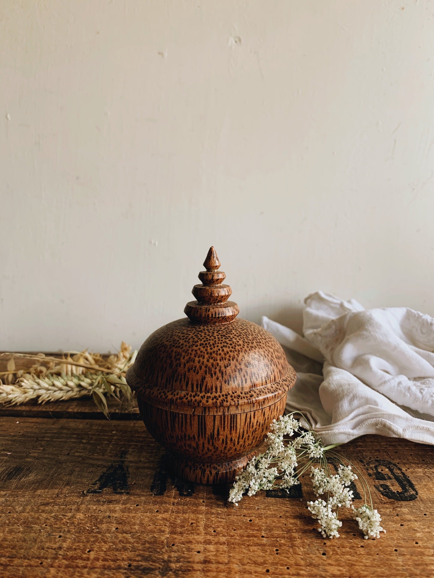 Vintage Wooden Hand~carved Pot with Lid