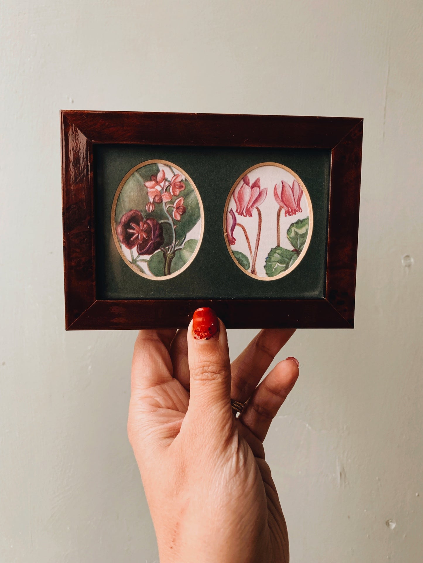 Vintage Wooden Double Framed with Two 1960’s Floral Bookplates