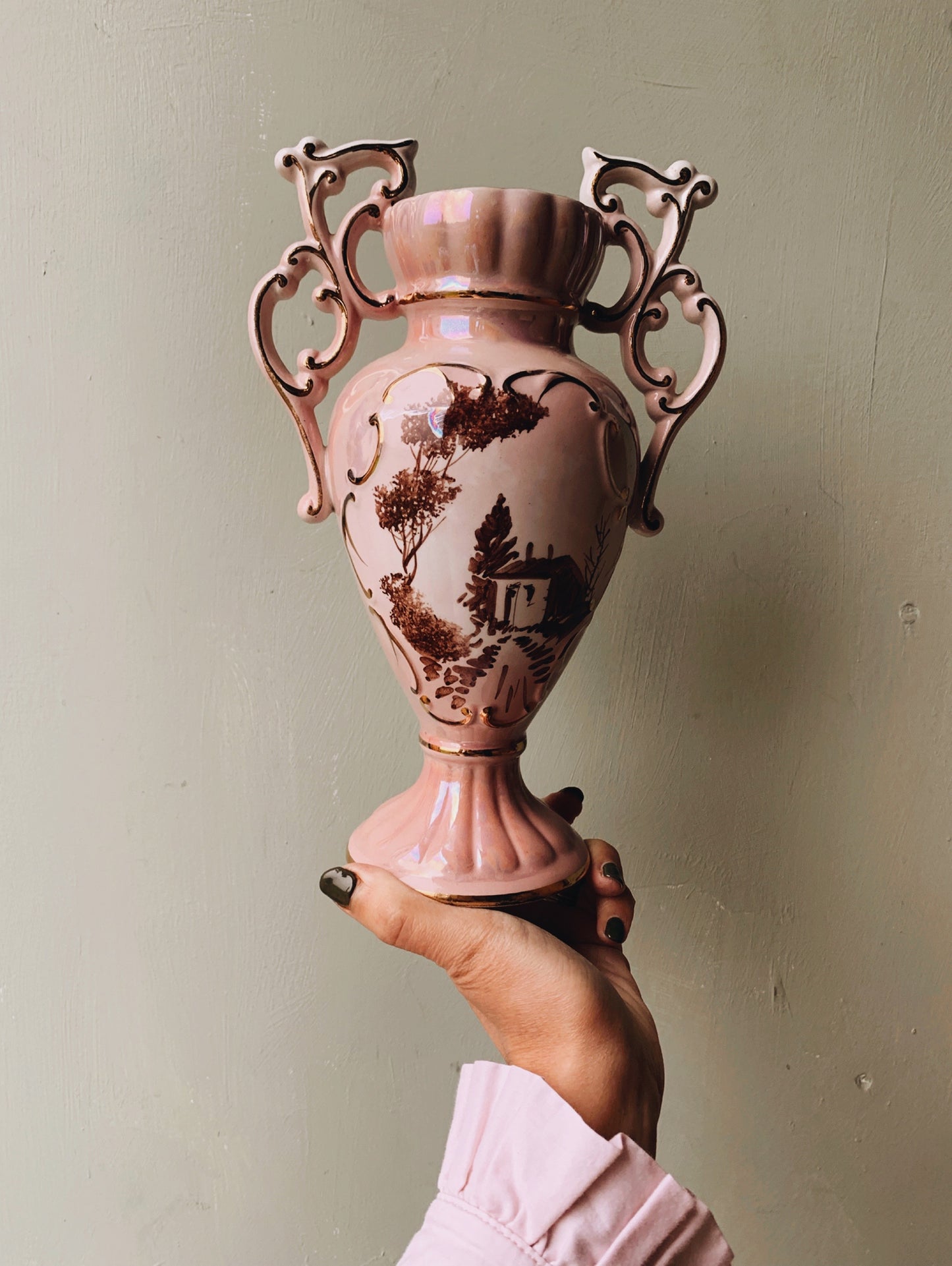 Vintage Pink Iridescent Rocco Style Narrative Vase