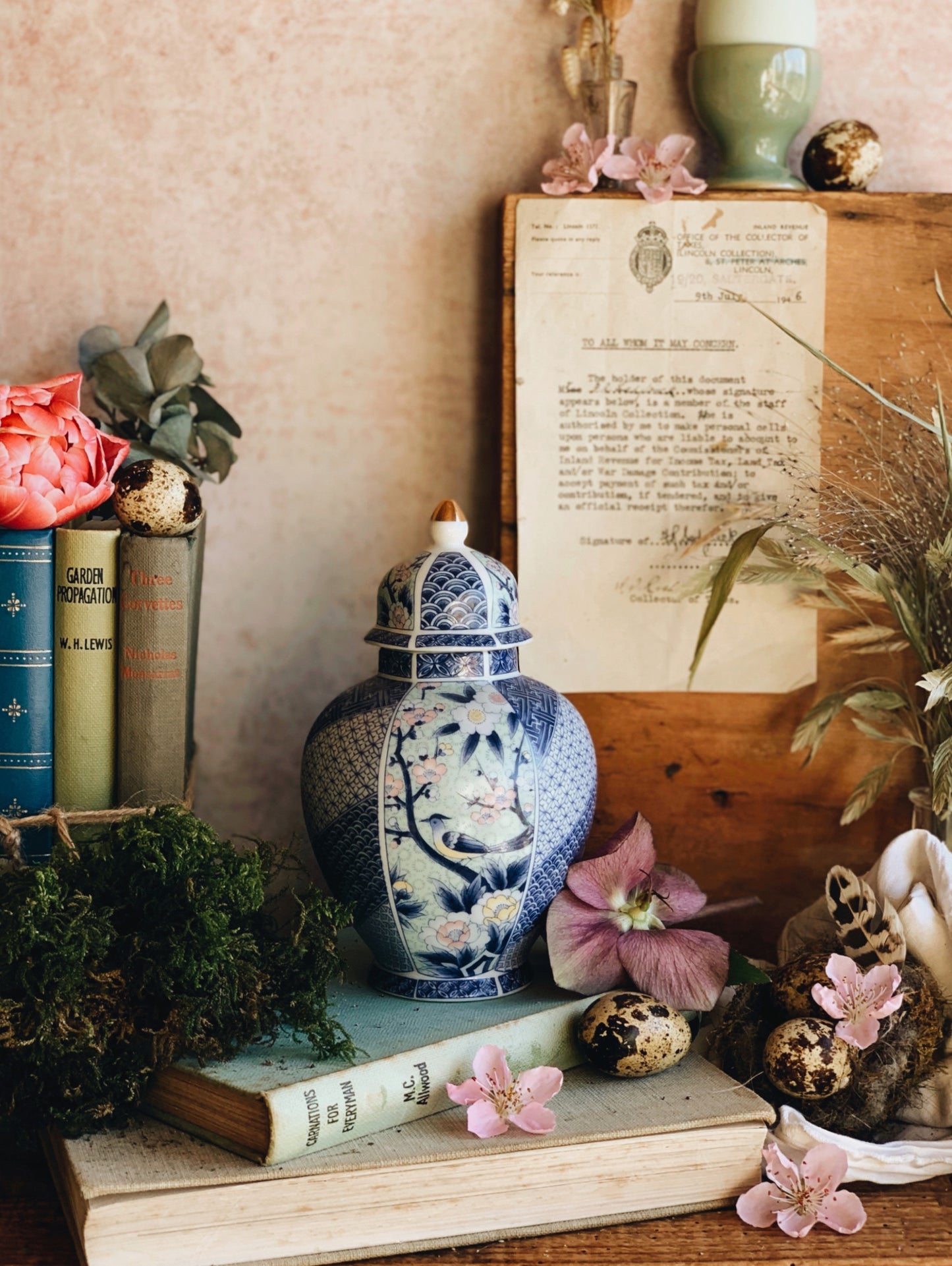 Vintage Blue & Green Floral Bird Ginger Jar