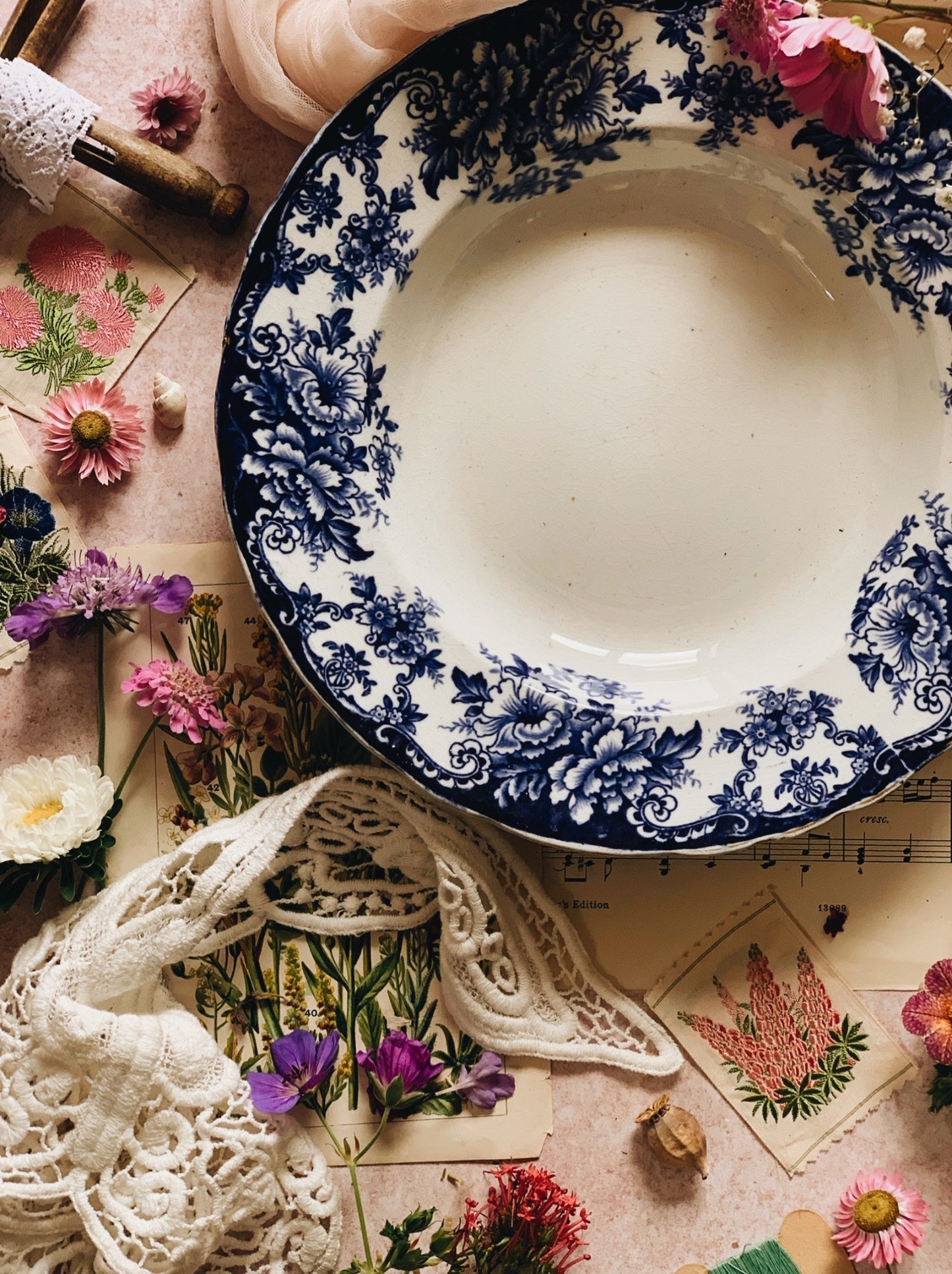 Antique Early 1900’s Blue Floral Supper Bowl