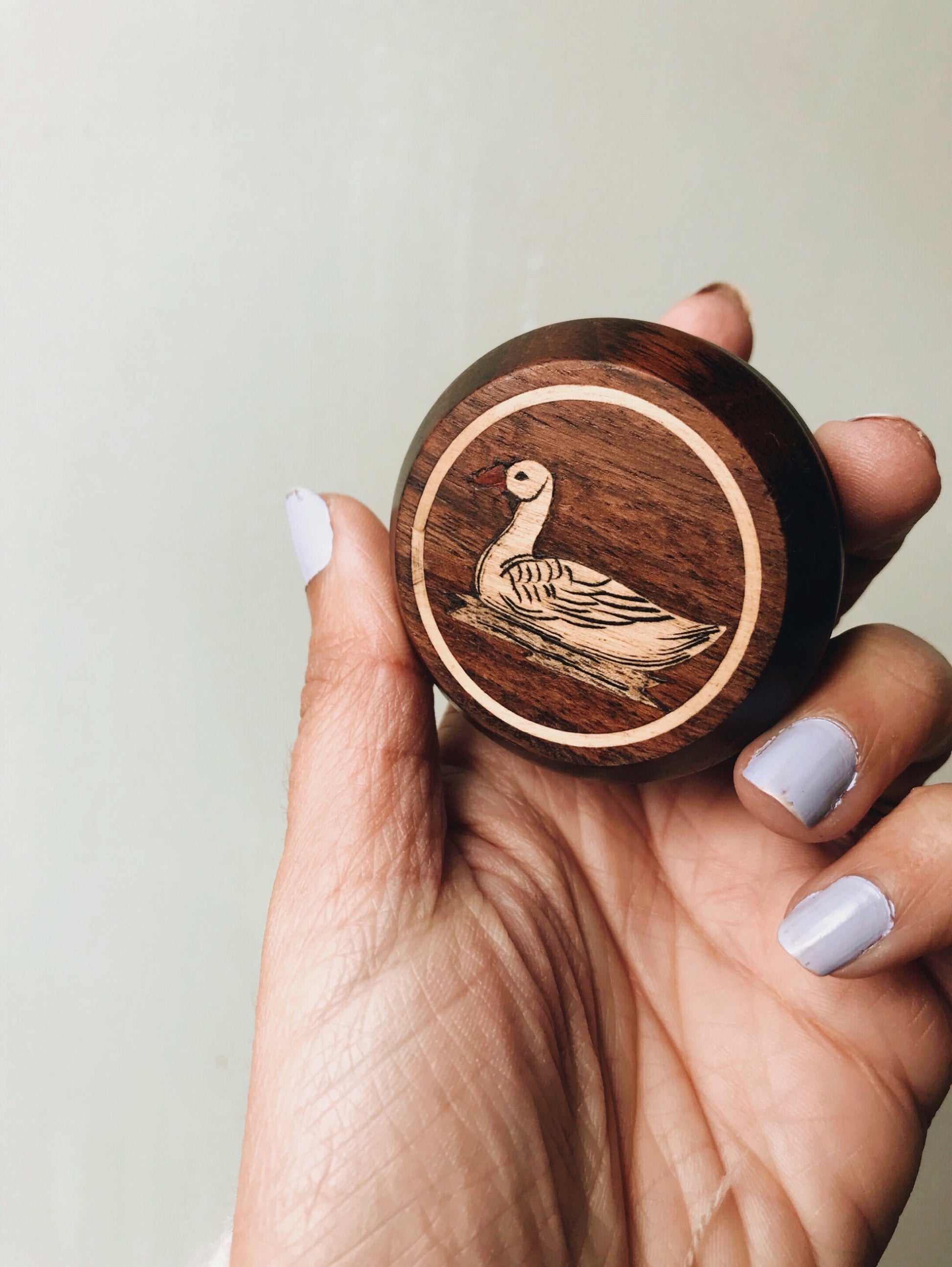 Vintage Goose Engraved Wooden Pot with Lid - Stone & Sage 