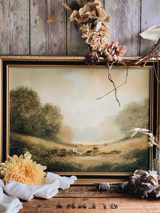 Vintage Oil Painting ~ young children pond fishing / signed by artist (UK SHIPPING ONLY)