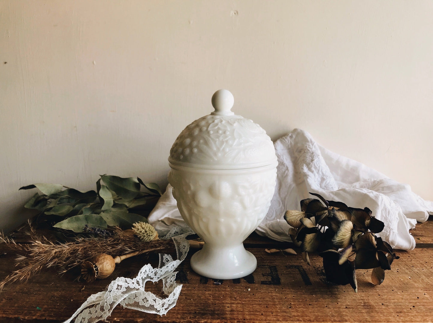 Antique White Milk Glass Decorative Pot & Lid