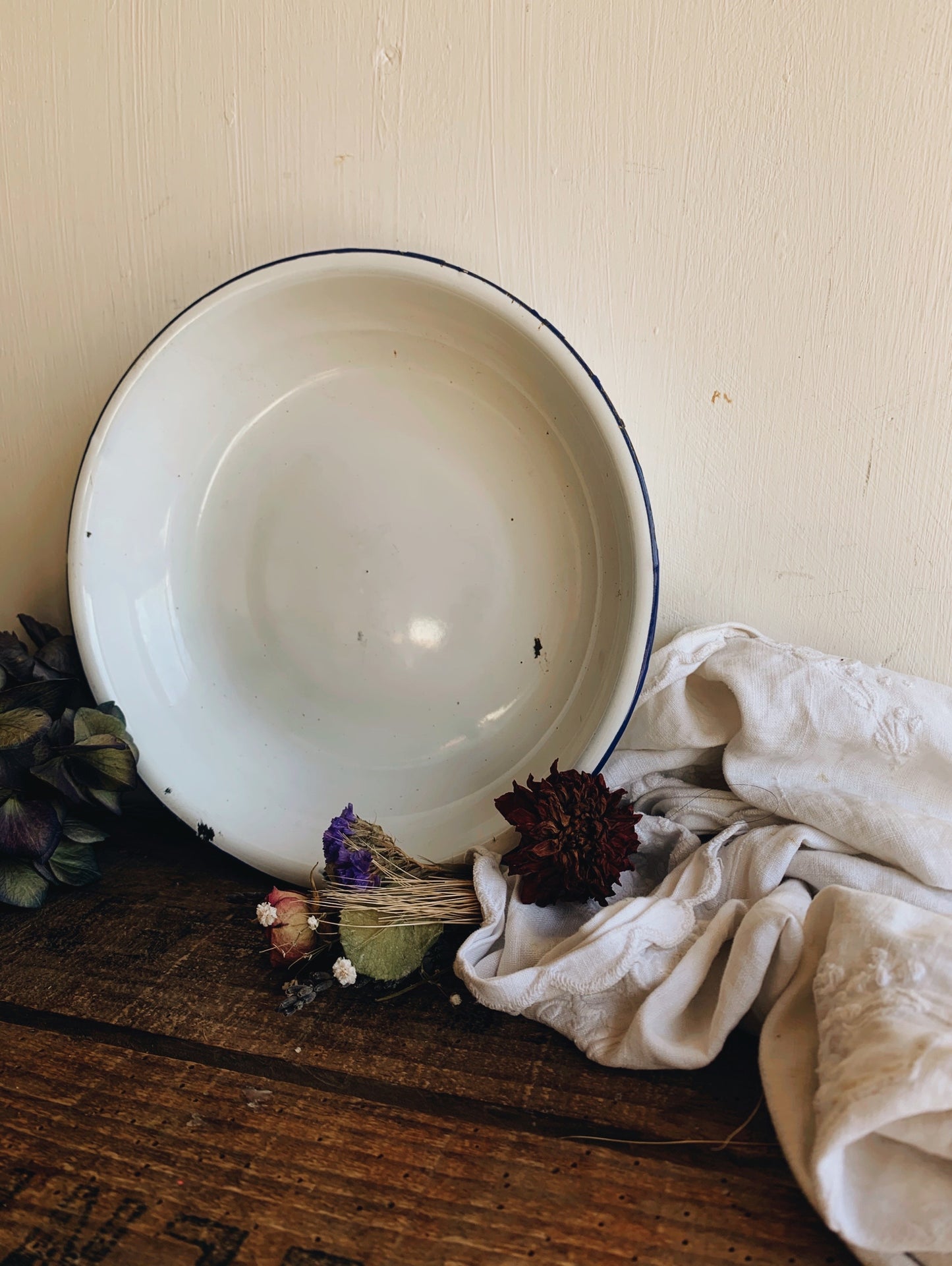 Vintage Rustic White Enamel Bowl