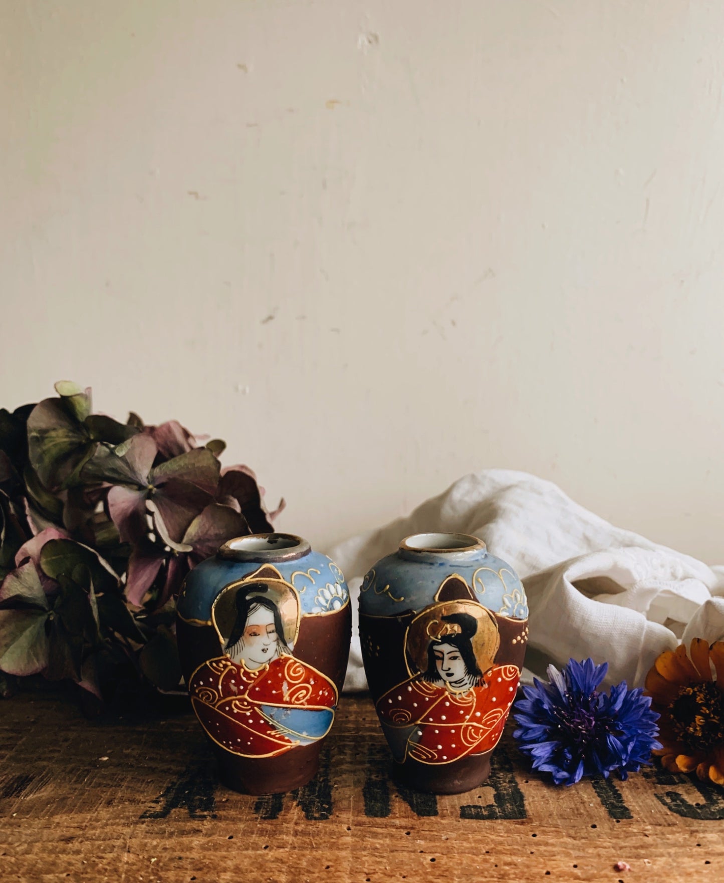 Two Vintage Narrative Hand~painted Ink Vases