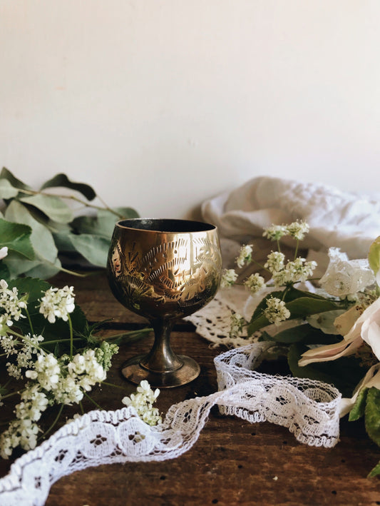 Six Antique Brass Decoratively Etched Egg Cups in Velvet & Silk Box - Stone & Sage 