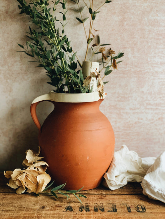 Large Primitive Vintage Terracotta Jug with Cream Trim (UK SHIPPING ONLY)