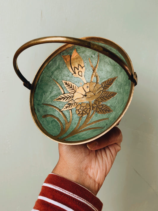 Vintage Green Decorative Brass Enamel Dish