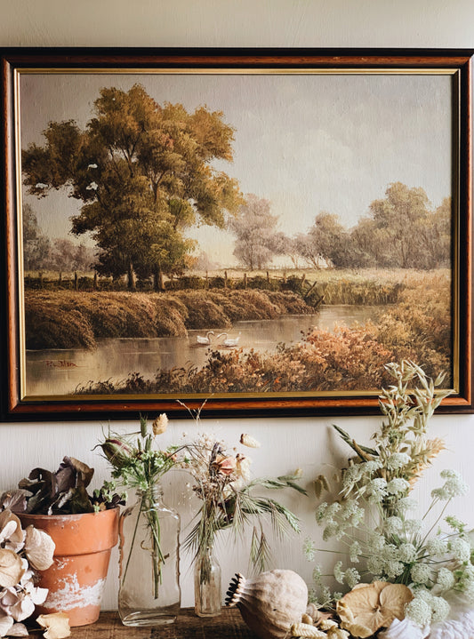Vintage Rustic River (swan) Painting ~ signed P. Wilson (UK SHIPPING ONLY)