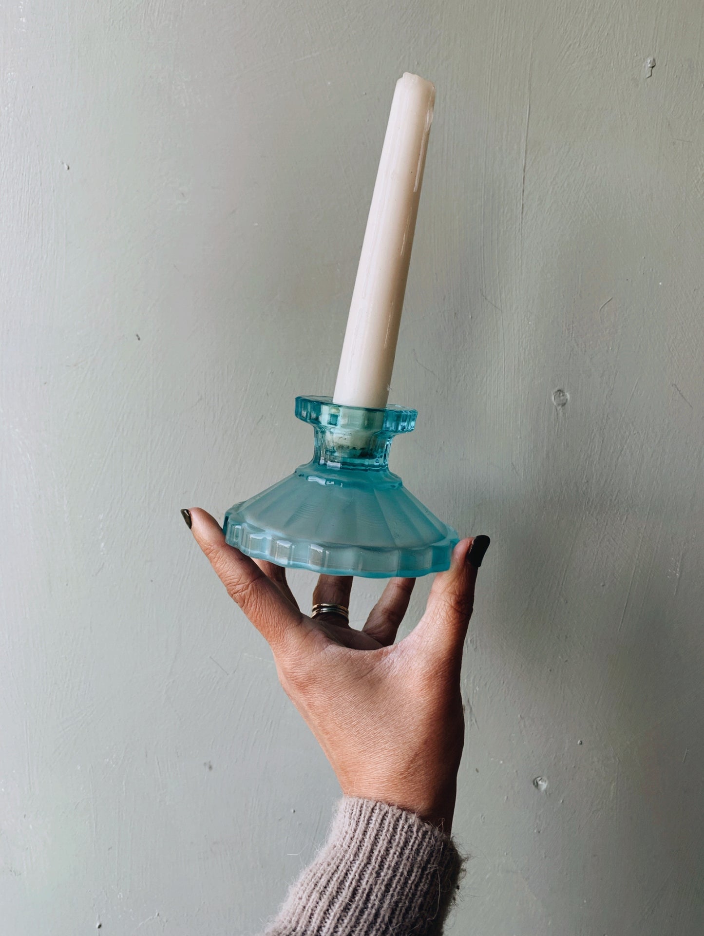 A Pair of Vintage Turquoise Glass Candle Holders