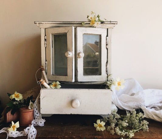 Rustic White Unit (storage with draw & glass doors) - Stone & Sage 