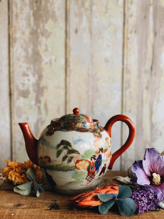 Antique Hand~painted Porcelain Oriental Narrative Tea~pot