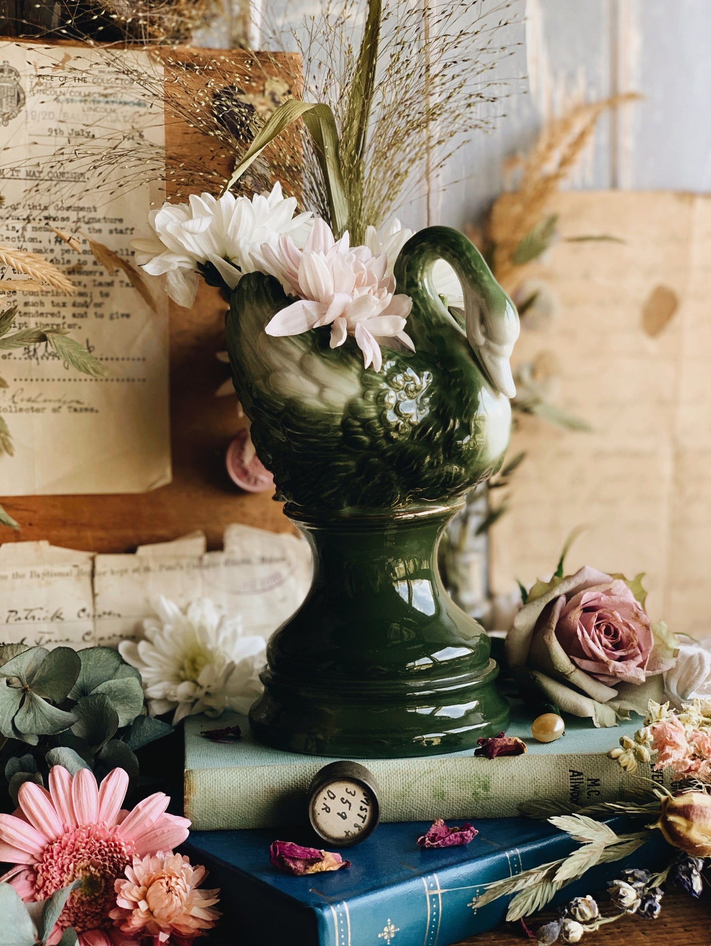 Antique Swan Green Vase with Gilt Detailing