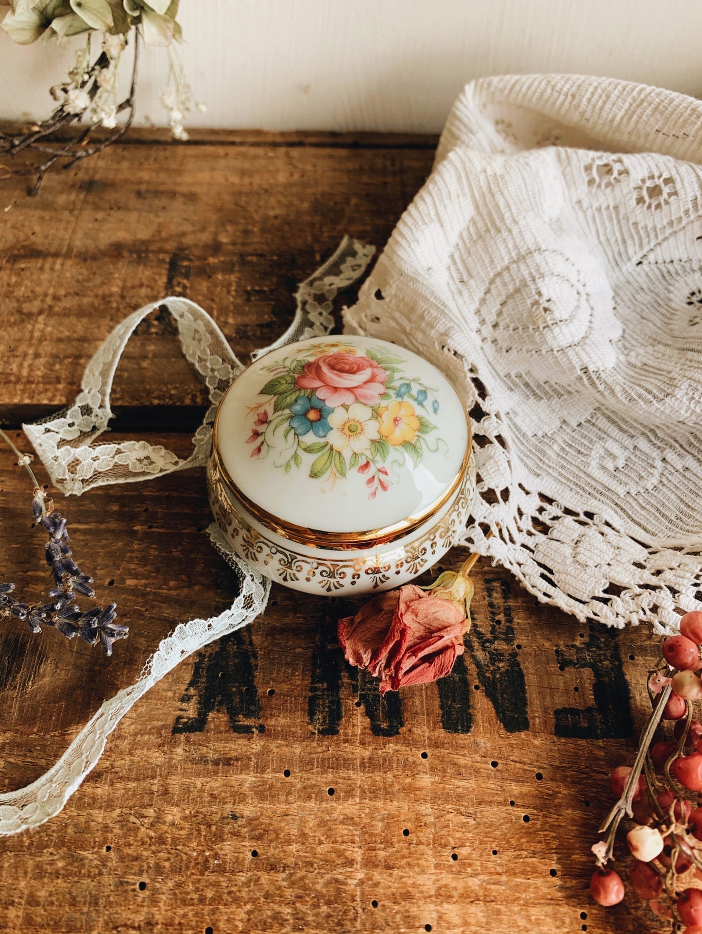 Vintage French Rose Porcelain Trinket Pot