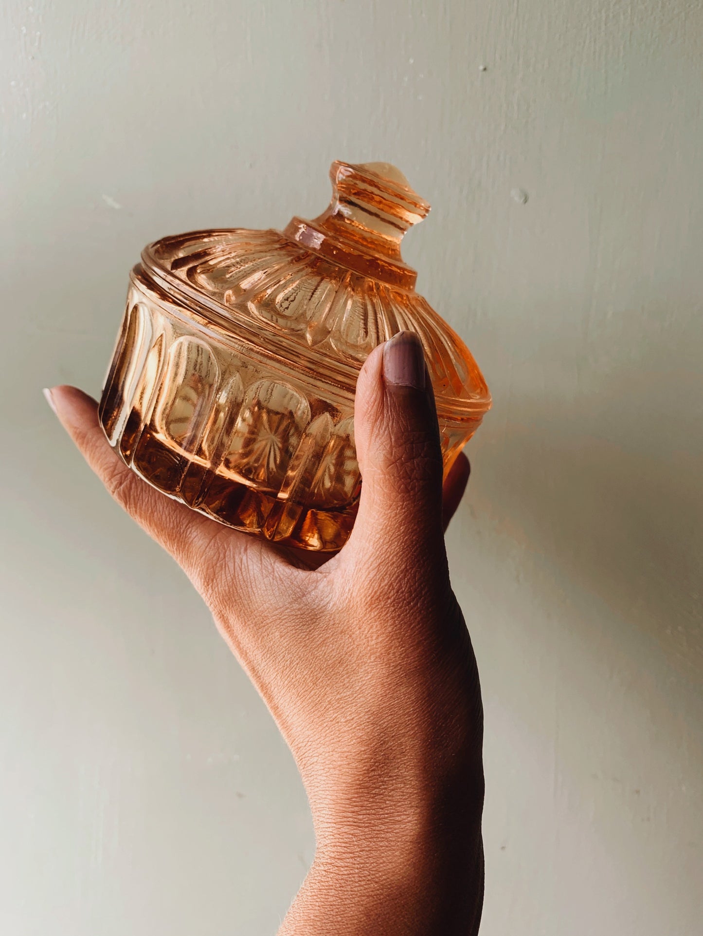 Vintage Peach Glass Vanity Pot with Lid