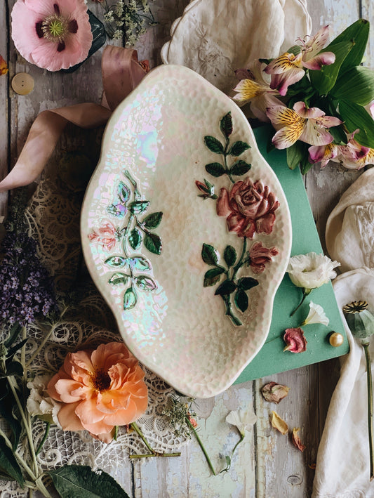 Antique. 1930’s Maling Decorative Rose Dish with Iridescent Glaze