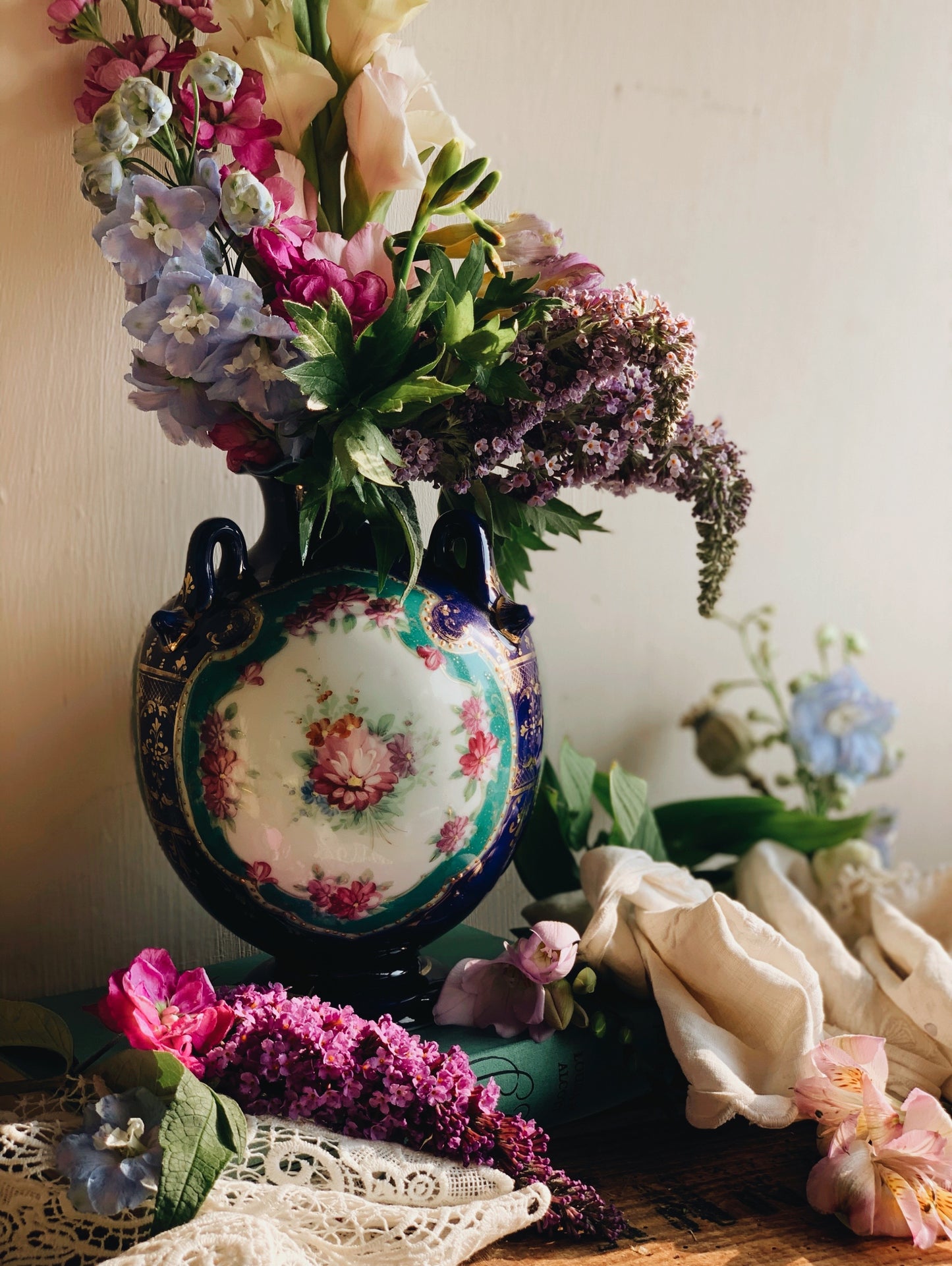 Antique Decorative Three Handled Vase with Gilt Detailing & Florals