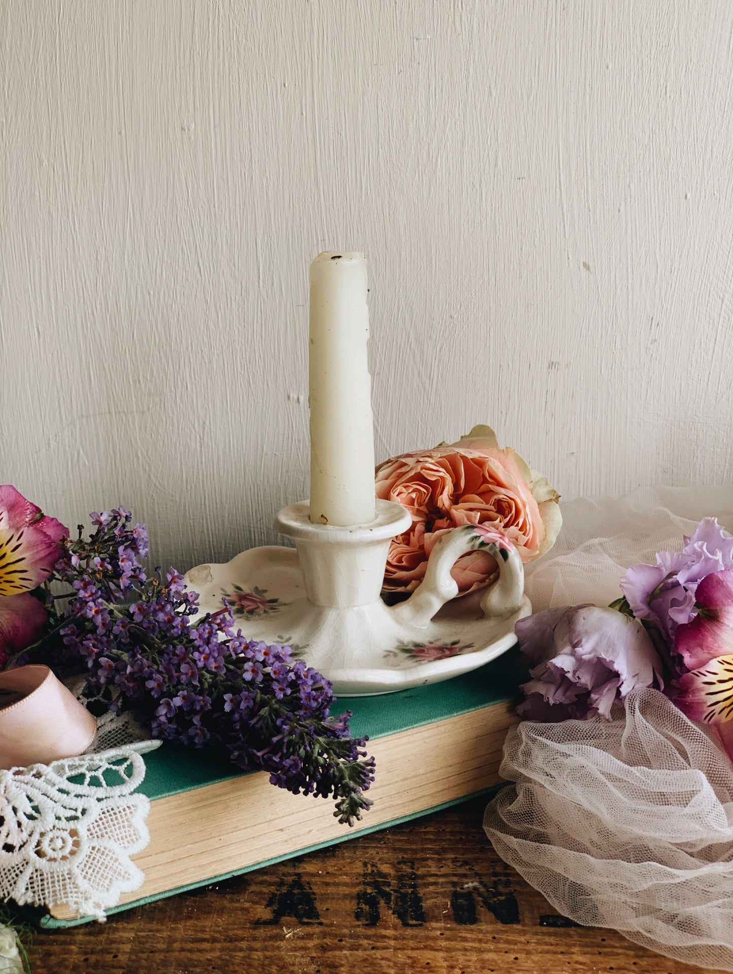 Antique Rose Ceramic Candle Holder (rustic condition)