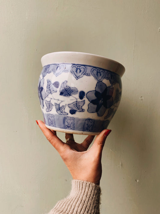 Vintage Floral Blue & White Oriental Planter