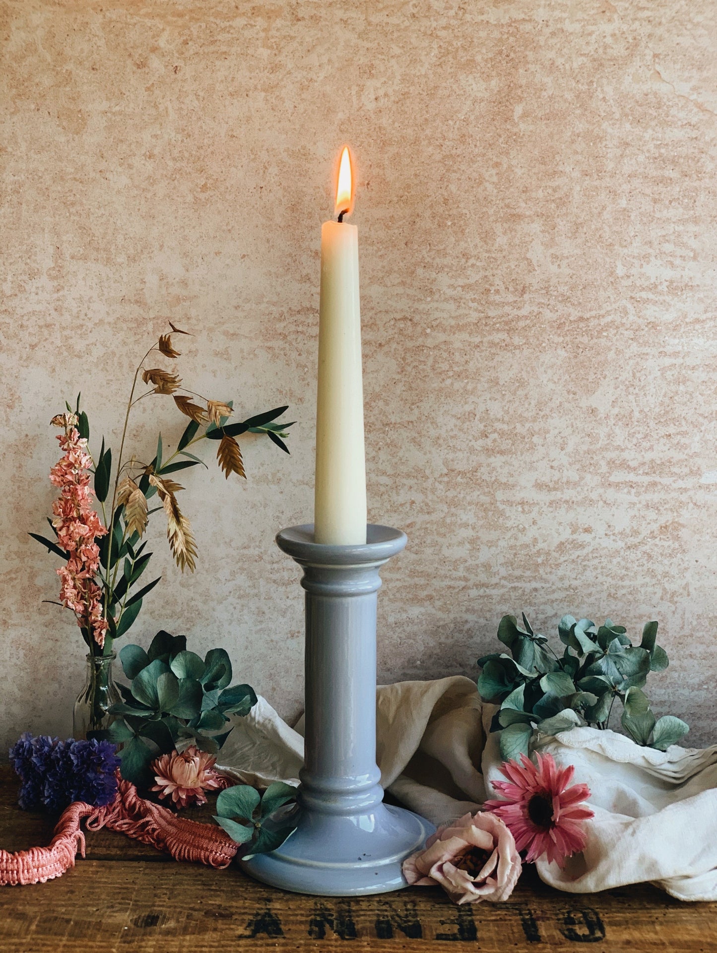 A Pair of Lilac Ceramic Candle Sticks