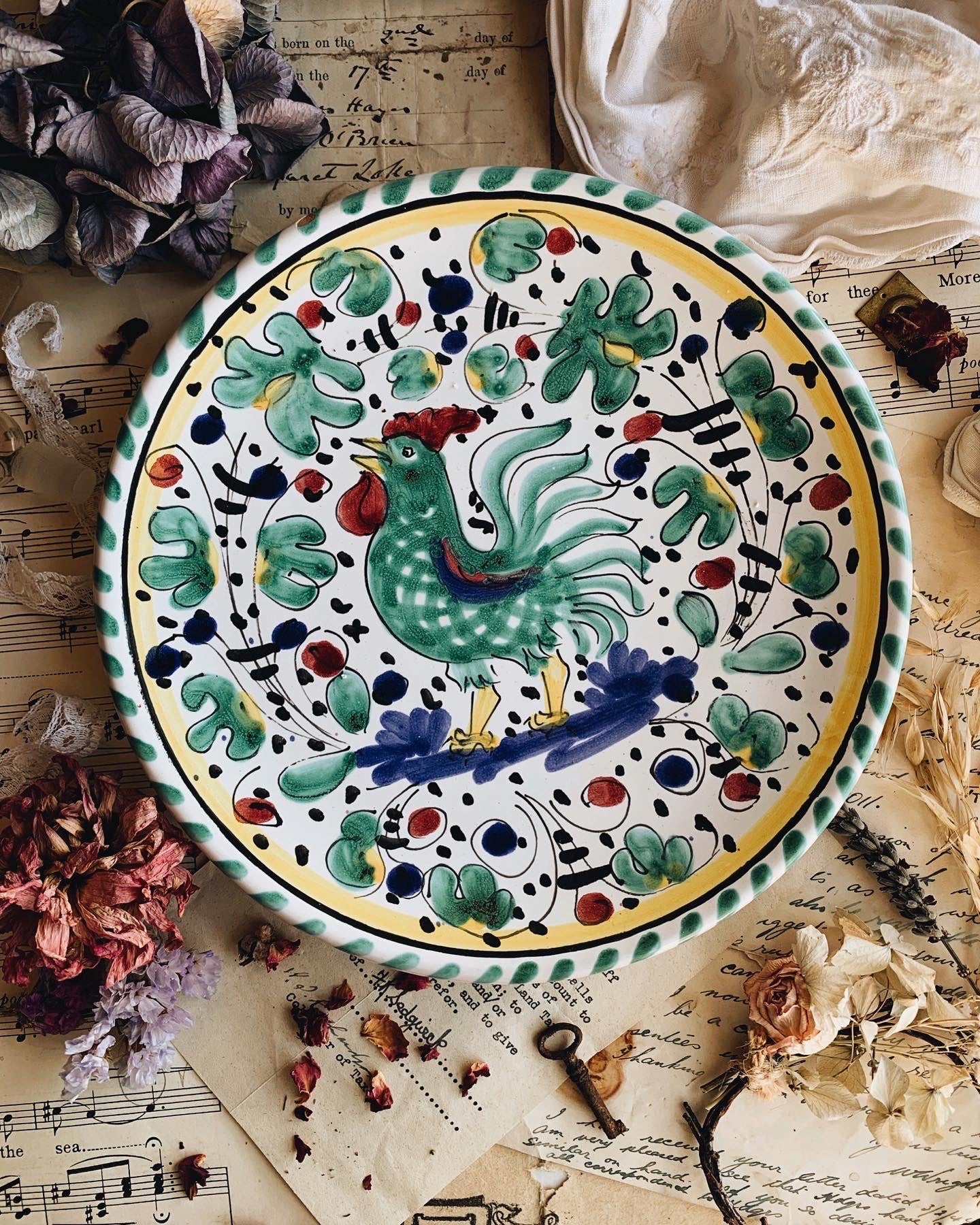 Rustic Hand~painted Floral, Decorative Cockerel Motif Plate