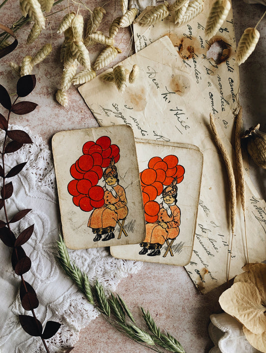 Six Vintage Red Balloon Lady Snap Cards