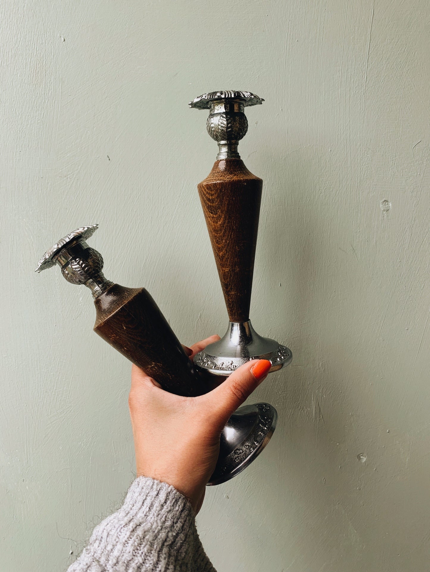 Two Vintage Wooden Silver Decorative Candle Sticks